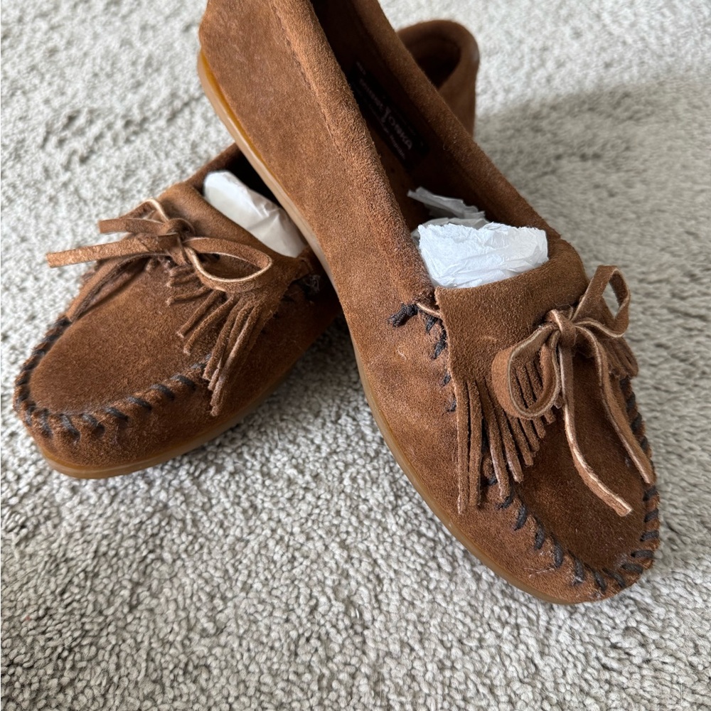 Minnetonka Brown Suede Moccasins with Fringe
